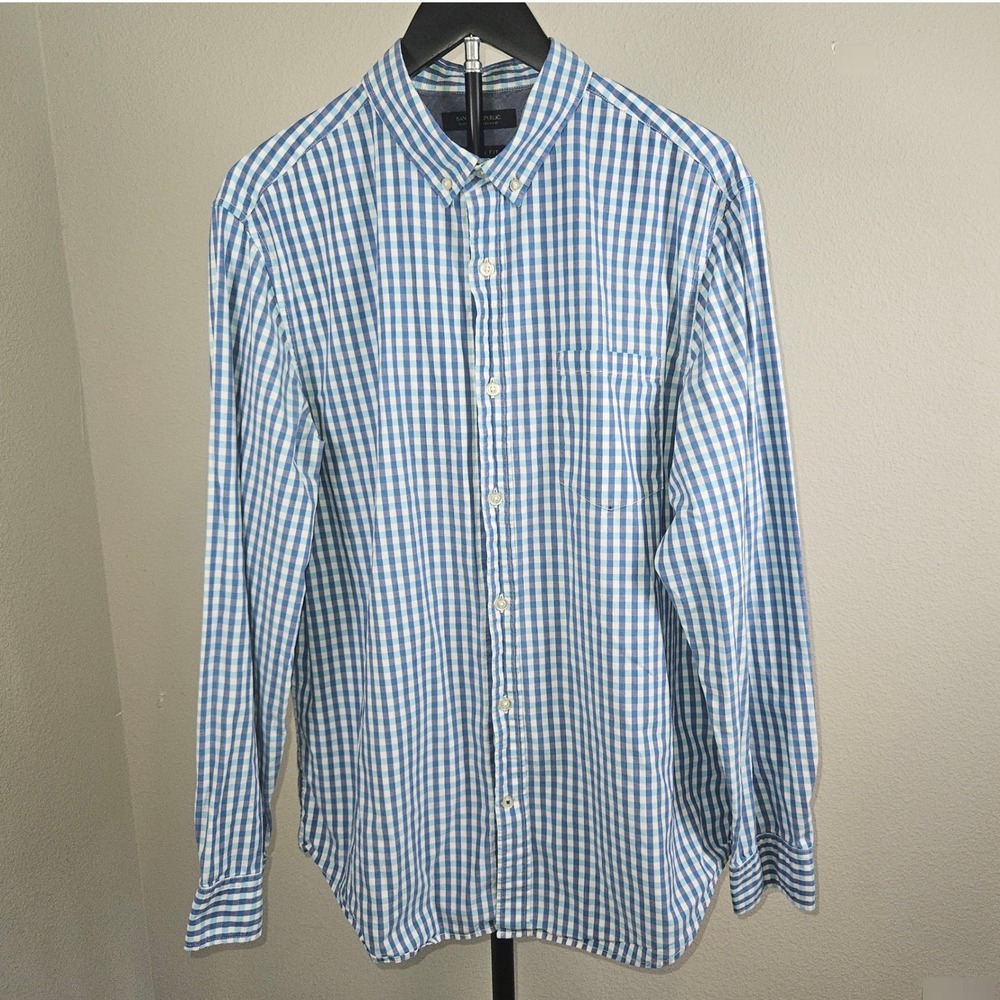 Banana Republic Button Down Mens L Blue Gingham Camden Fit Cotton Preppy Shirt